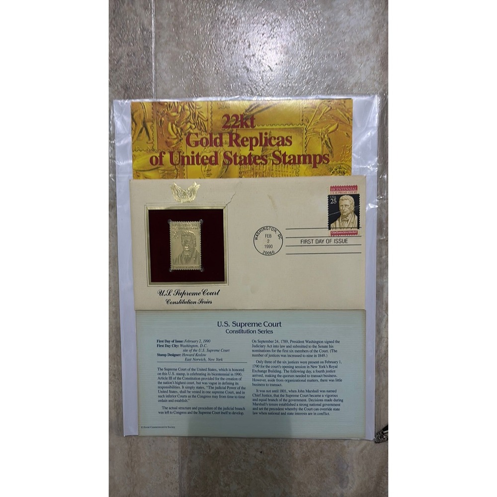 22kt Gold Replica US Stamp 1990 US Supreme Court John Marshall First Day Issue